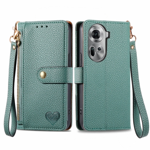 

For OPPO Reno11 5G Global Love Zipper Lanyard Leather Phone Case(Green)