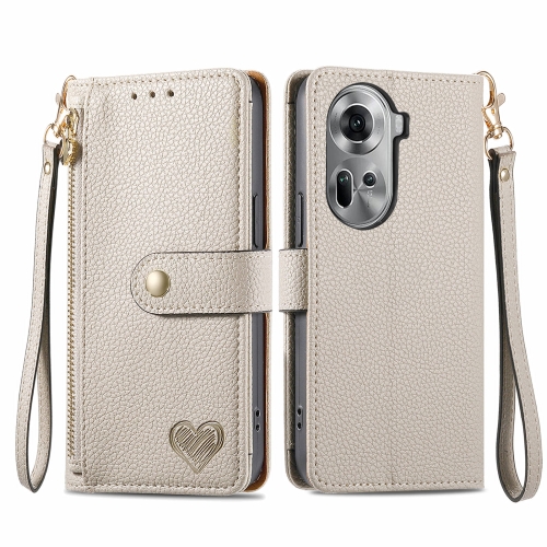 

For OPPO Reno11 5G Global Love Zipper Lanyard Leather Phone Case(Gray)
