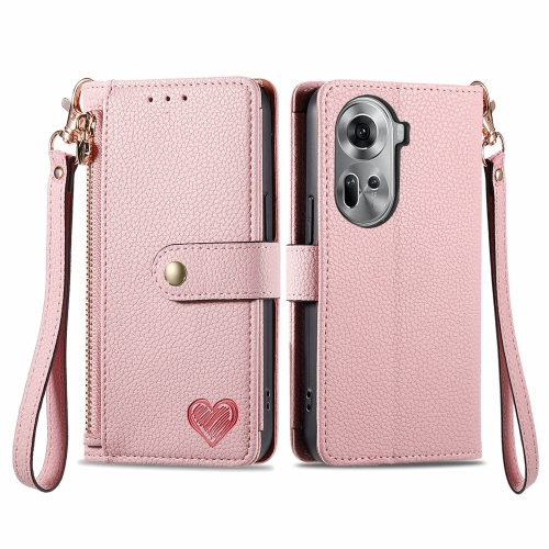 

For OPPO Reno11 5G Global Love Zipper Lanyard Leather Phone Case(Pink)