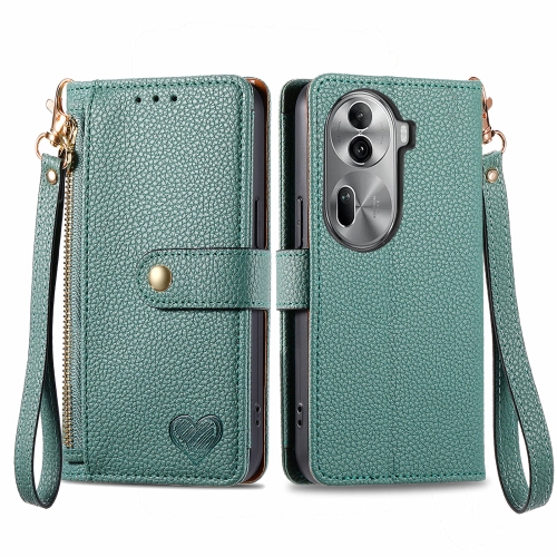 

For OPPO Reno11 Pro 5G Global Love Zipper Lanyard Leather Phone Case(Green)