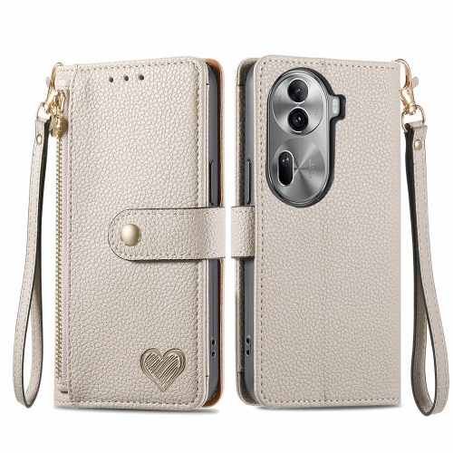 

For OPPO Reno11 Pro 5G Global Love Zipper Lanyard Leather Phone Case(Gray)