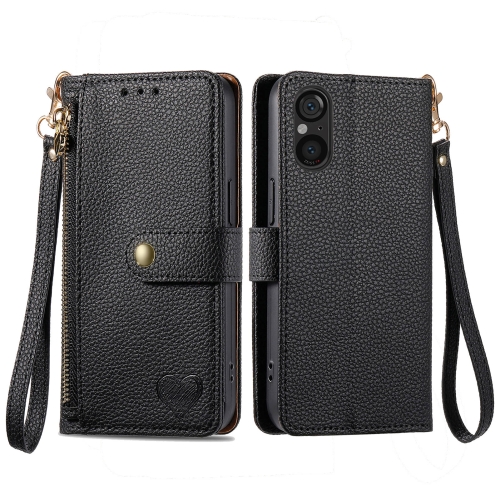 

For Sony Xperia 5 V Love Zipper Lanyard Leather Phone Case(Black)