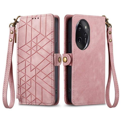 

For Honor 100 Pro 5G Geometric Zipper Wallet Side Buckle Leather Phone Case(Pink)
