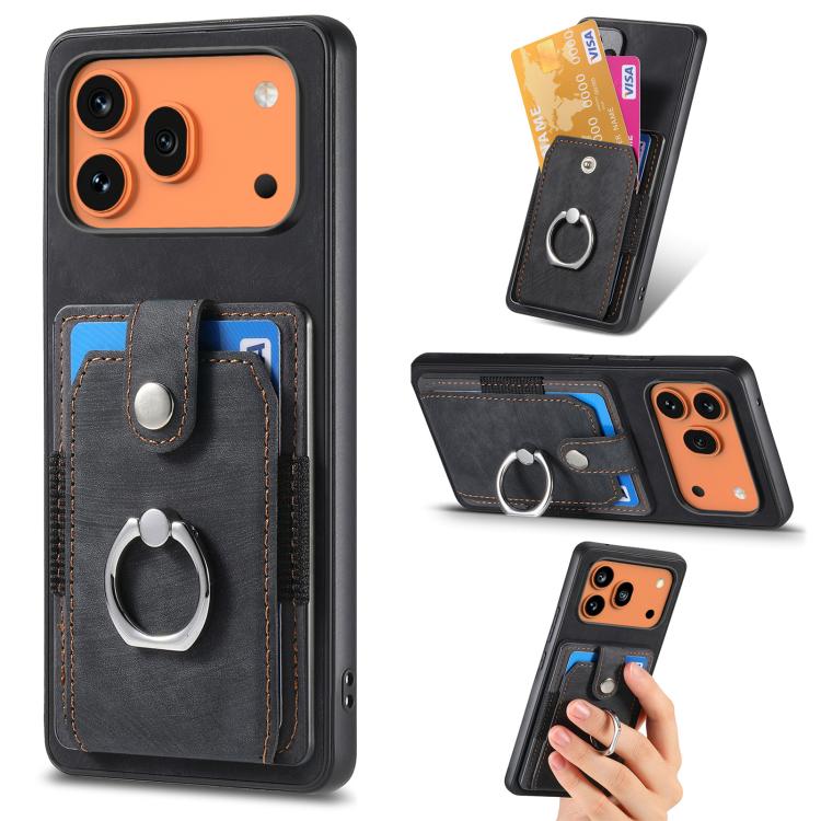 

For Honor 600 Pro Global Retro Skin-feel Ring Card Wallet Phone Case(Black)