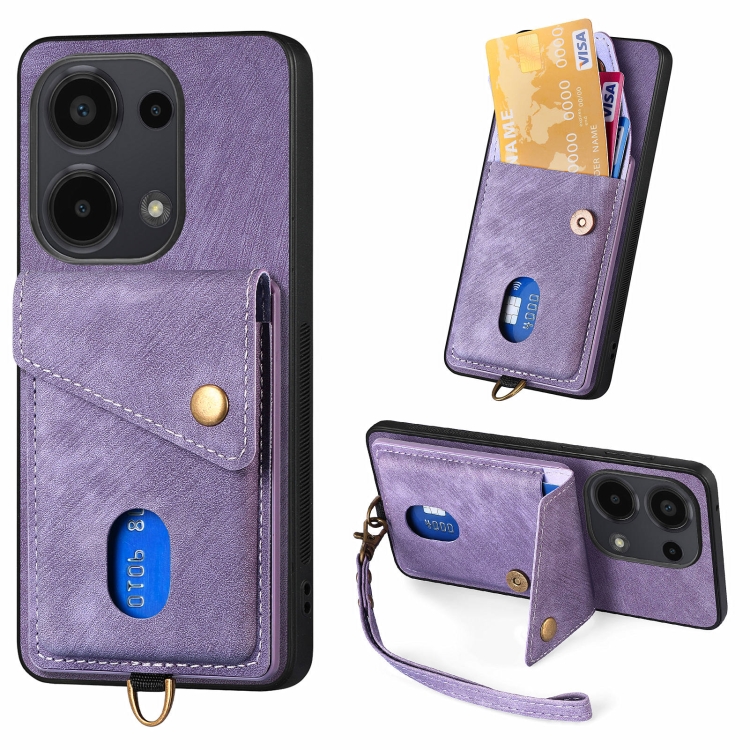 

For Xiaomi Redmi Note 13 Pro 4G Retro Card Wallet Fold Leather Phone Case with Strap(Purple)
