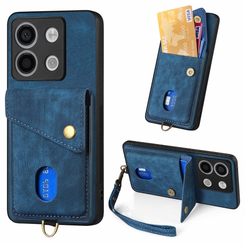 

For Xiaomi Redmi Note 13 4G Retro Card Wallet Fold Leather Phone Case with Strap(Blue)