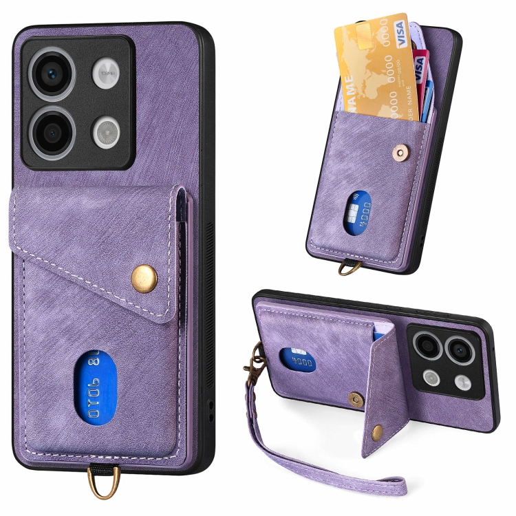 

For Xiaomi Redmi Note 13 4G Retro Card Wallet Fold Leather Phone Case with Strap(Purple)