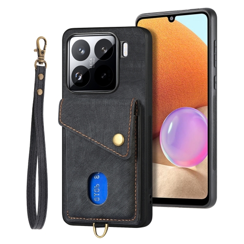 

For Xiaomi 15 Pro Retro Card Wallet Fold Leather Phone Case with Strap(Black)