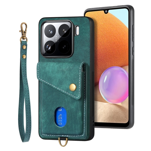 

For Xiaomi 15 Pro Retro Card Wallet Fold Leather Phone Case with Strap(Green)