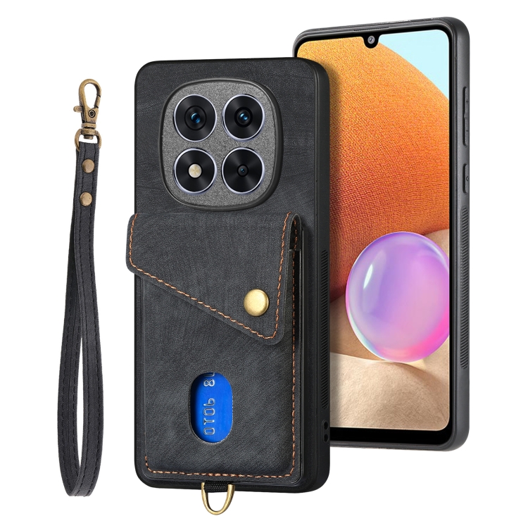 

For Xiaomi Redmi Note 14 5G Retro Card Wallet Fold Leather Phone Case with Strap(Black)