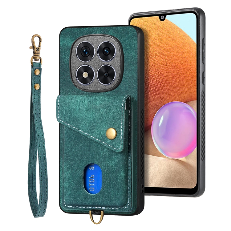 

For Xiaomi Redmi Note 14 5G Retro Card Wallet Fold Leather Phone Case with Strap(Green)