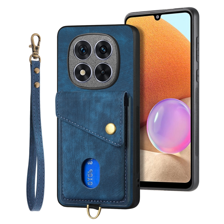 

For Xiaomi Redmi Note 14 Pro 5G Retro Card Wallet Fold Leather Phone Case with Strap(Blue)