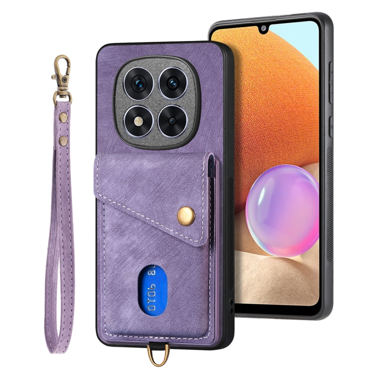 

For Xiaomi Redmi Note 14 Pro 5G Retro Card Wallet Fold Leather Phone Case with Strap(Purple)