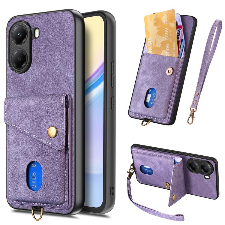 

For Redmi Turbo 4 Retro Card Wallet Fold Leather Phone Case with Strap(Purple)