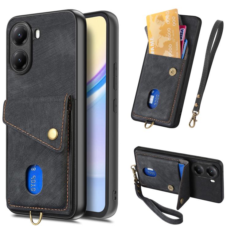 

For Xiaomi Poco X7 Pro Retro Card Wallet Fold Leather Phone Case with Strap(Black)