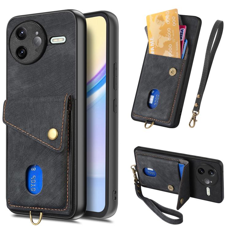 

For Redmi K80 / Poco F7 Pro Retro Card Wallet Fold Leather Phone Case with Strap(Black)