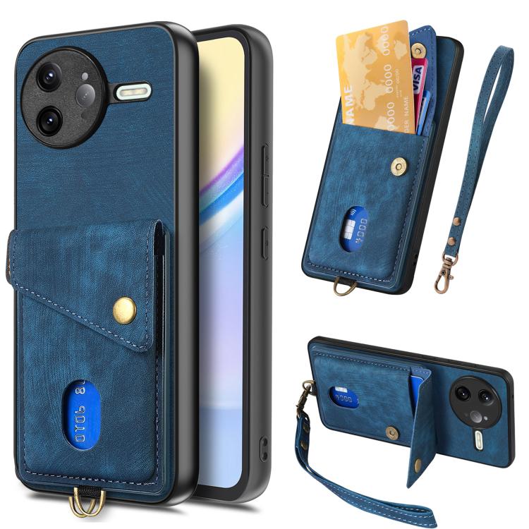 

For Redmi K80 / Poco F7 Pro Retro Card Wallet Fold Leather Phone Case with Strap(Blue)