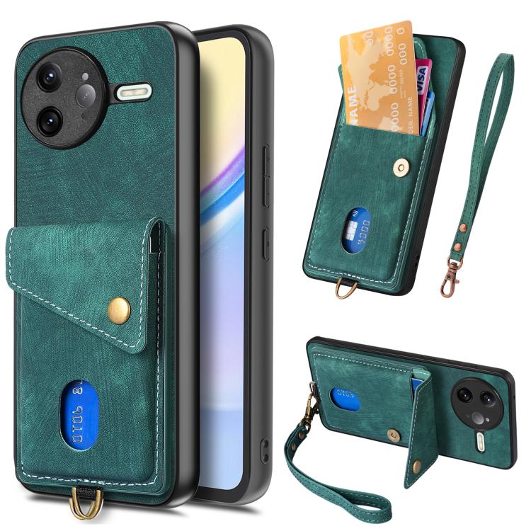 

For Redmi K80 / Poco F7 Pro Retro Card Wallet Fold Leather Phone Case with Strap(Green)