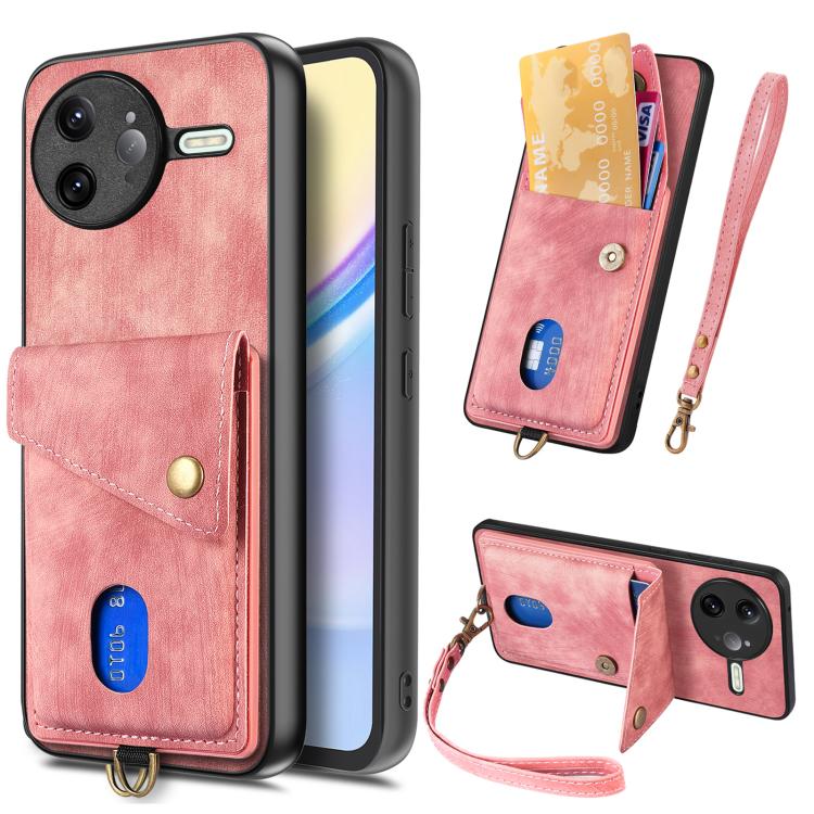 

For Redmi K80 / Poco F7 Pro Retro Card Wallet Fold Leather Phone Case with Strap(Pink)