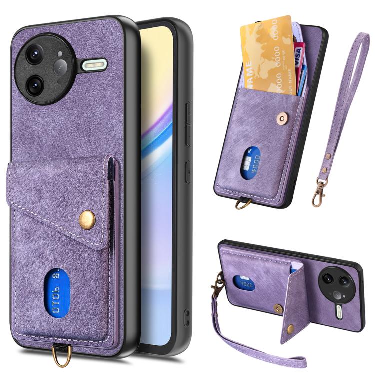 

For Redmi K80 Pro / Poco F7 Ultra Retro Card Wallet Fold Leather Phone Case with Strap(Purple)