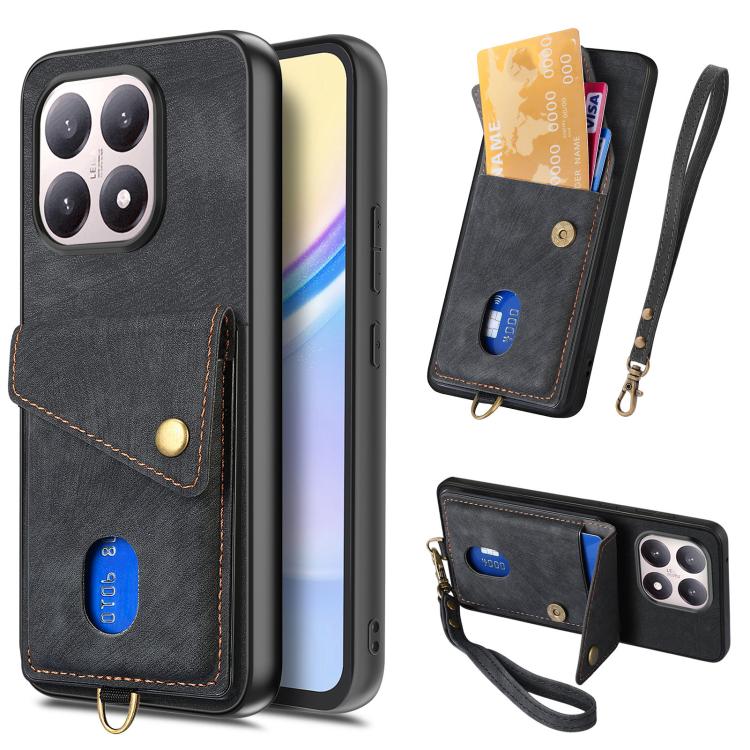 

For Xiaomi 15T Retro Card Wallet Fold Leather Phone Case with Strap(Black)