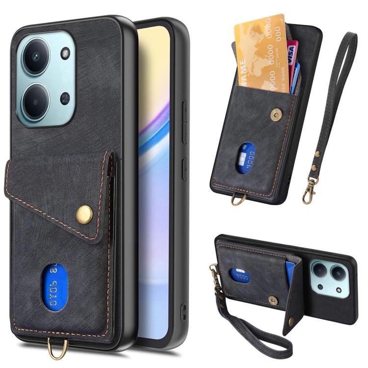 

For Redmi 15C 5G / 4G Glodal 171mm Retro Card Wallet Fold Leather Phone Case with Strap(Black)