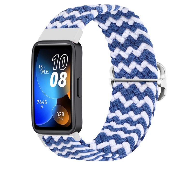 

For Huawei Band 9 Adjustable Slide Buckle Braided Watch Band(Wave Blue White)