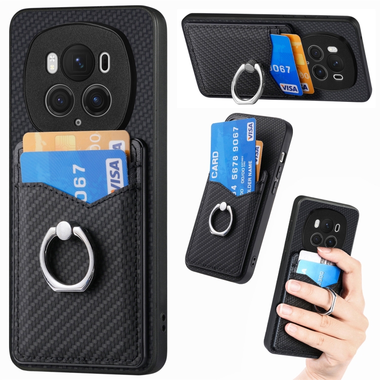 

For Honor Magic6 Pro Carbon Fiber Card Wallet Ring Phone Case(Black)