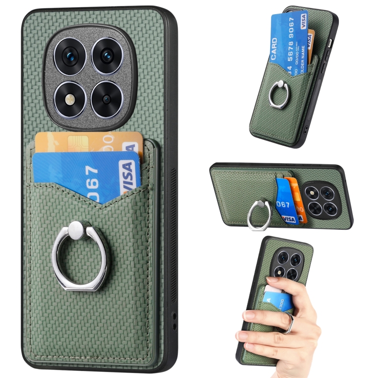 

For Redmi Note 14 5G Carbon Fiber Card Wallet Ring Phone Case(Green)