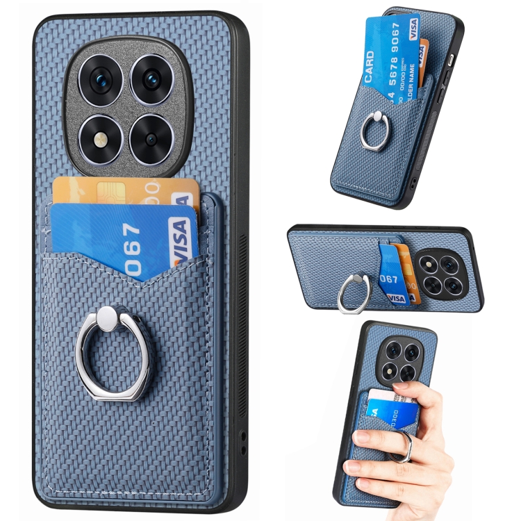 

For Redmi Note 14 Pro+ 5G Carbon Fiber Card Wallet Ring Phone Case(Blue)