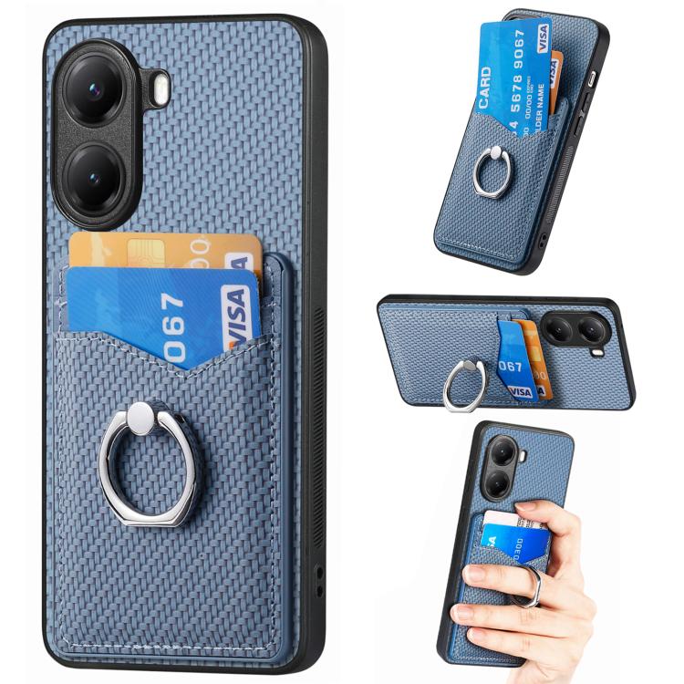 

For Redmi Turbo 4 Carbon Fiber Card Wallet Ring Phone Case(Blue)