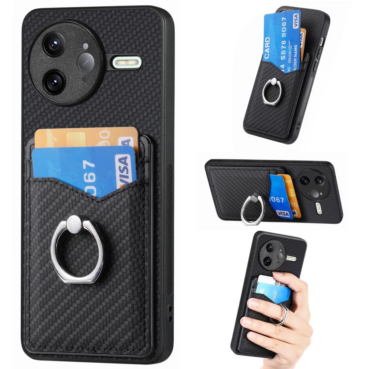 

For Redmi K80 Pro / Poco F7 Ultra Carbon Fiber Card Wallet Ring Phone Case(Black)