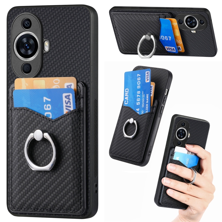 

For Huawei nova 11 Carbon Fiber Card Wallet Ring Phone Case(Black)