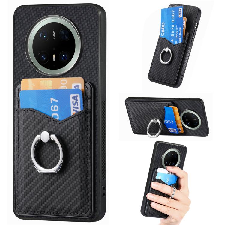 

For Huawei Mate 70 Pro+ Carbon Fiber Card Wallet Ring Phone Case(Black)