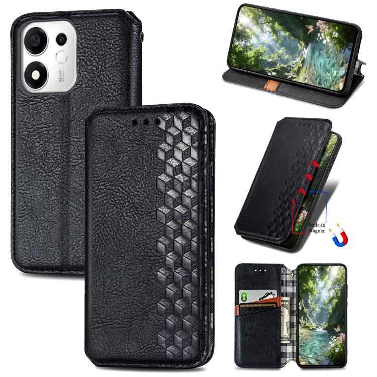 For Honor 600 Smart 5G Cubic Grid Pressed Magnetic Leather Phone Case(Black)