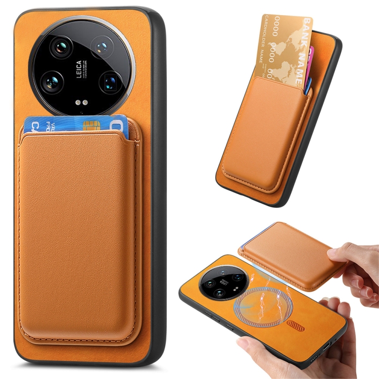 

For Xiaomi 14 Ultra Retro Magsafe Card Bag PU Back Cover Phone Case(Yellow)