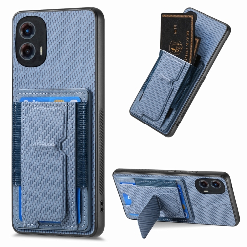 

For Motorola Moto G 5G 2024 4G Carbon Fiber Fold Stand Elastic Card Bag Phone Case(Blue)