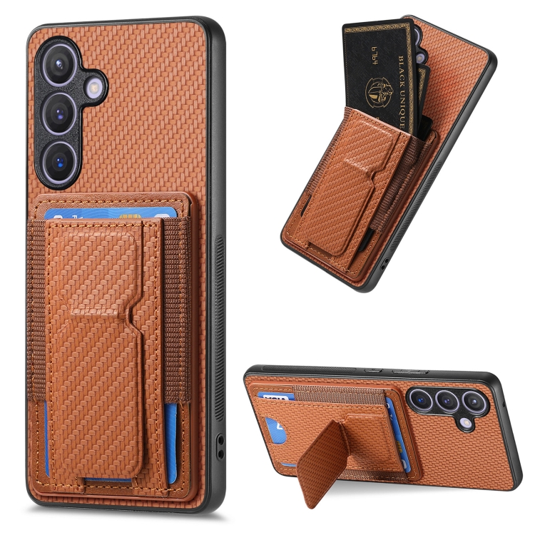 

For Samsung Galaxy S24+ 5G Carbon Fiber Fold Stand Elastic Card Bag Phone Case(Brown)