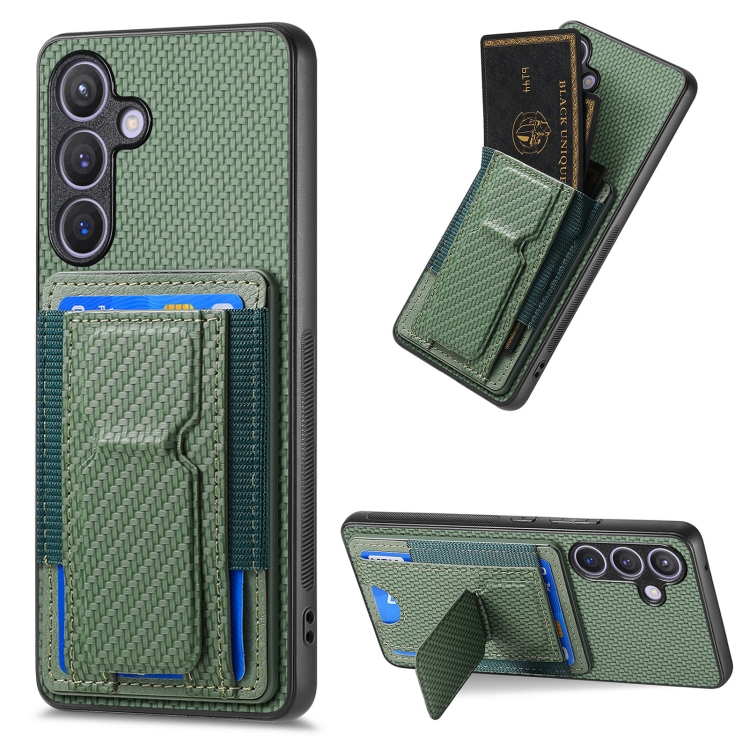 

For Samsung Galaxy S23 5G Carbon Fiber Fold Stand Elastic Card Bag Phone Case(Green)