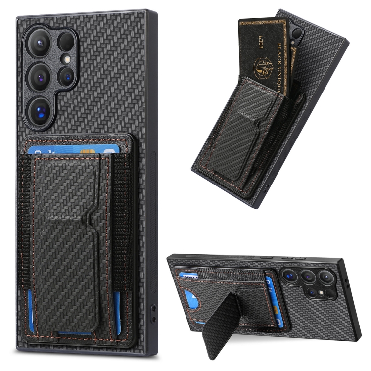

For Samsung Galaxy S22 Ultra 5G Carbon Fiber Fold Stand Elastic Card Bag Phone Case(Black)