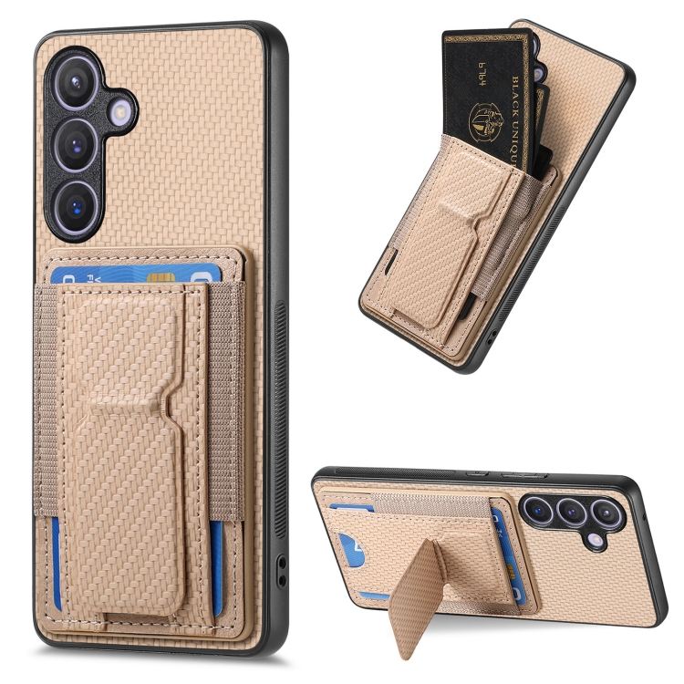

For Samsung Galaxy S22+ 5G Carbon Fiber Fold Stand Elastic Card Bag Phone Case(Khaki)