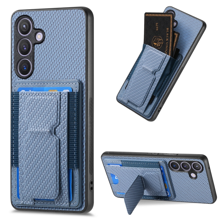 

For Samsung Galaxy S22 5G Carbon Fiber Fold Stand Elastic Card Bag Phone Case(Blue)