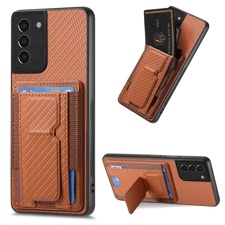 

For Samsung Galaxy S21 5G Carbon Fiber Fold Stand Elastic Card Bag Phone Case(Brown)