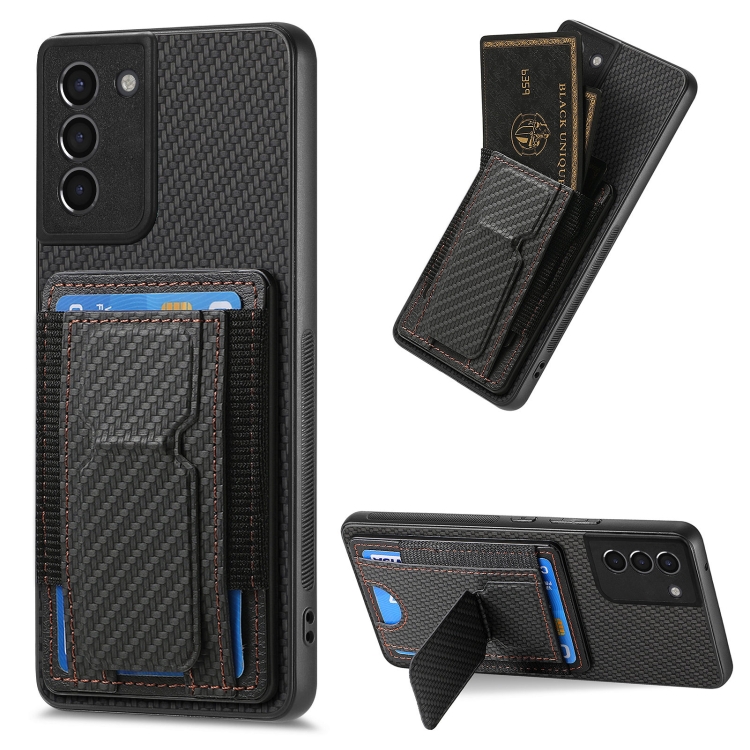 

For Samsung Galaxy S21+ 5G Carbon Fiber Fold Stand Elastic Card Bag Phone Case(Black)