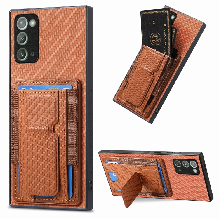 

For Samsung Galaxy Note20 Carbon Fiber Fold Stand Elastic Card Bag Phone Case(Brown)