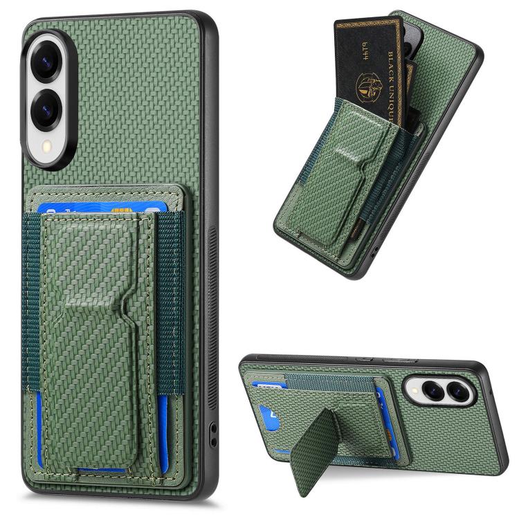 

For Samsung Galaxy S25 Edge 5G Carbon Fiber Fold Stand Elastic Card Bag Phone Case(Green)