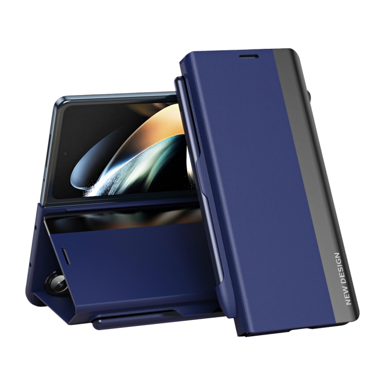 For Galaxy Z Fold6 5G Side Electroplated Adsorption Leather Phone Case with Pen Slot(Blue)