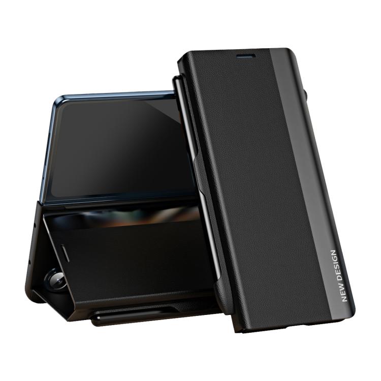 For Galaxy Z Fold7 5G Side Electroplated Adsorption Leather Phone Case with Pen Slot(Black)