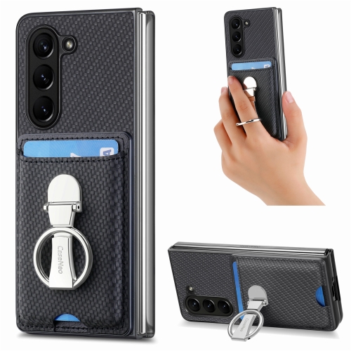 For Samsung Galaxy Z Fold6 5G Carbon Fiber Card Wallet Fold Ring Holder Phone Case(Black)