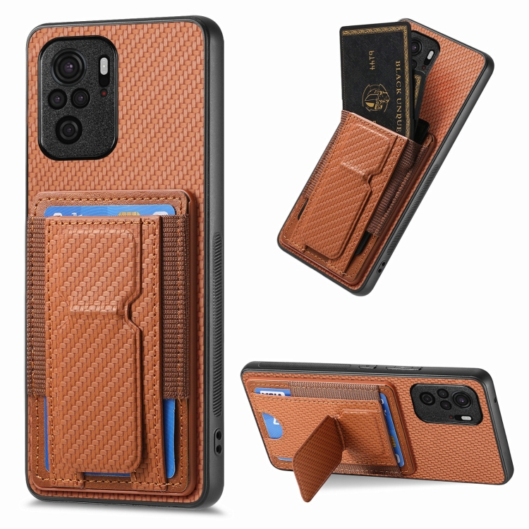 

For Xiaomi Redmi Note 10 4G Carbon Fiber Fold Stand Elastic Card Bag Phone Case(Brown)